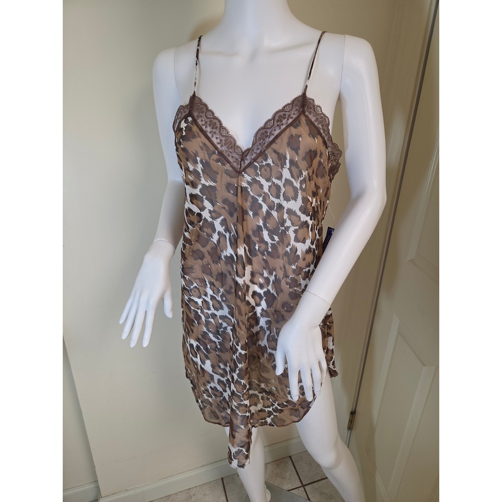 Natori Leopard Print Lace Trim Chemise Nightgown Brown Tan S62410C Size P‎ NEW